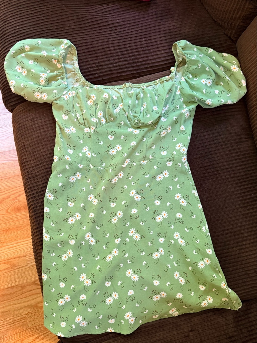 SHEIN Green Daisy Puff-Sleeve Kids Dress
